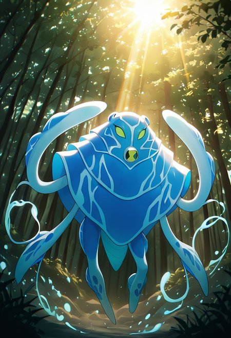 masterpiece, best quality, amazing quality, very aesthetic, absurdres, newest,, detailed background, 
 ampfibian, full body, pokemon (creature), no humans, colored sclera, green eyes, blue skin, tentacles, extra eyes, colored skin, squid, jellyfish,   no mouth, 
upper body,, solar bear, sun beam, run ray, trees, dynamic pose,  forest