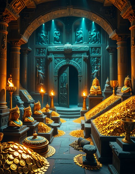 A hidden treasure chamber deep within an ancient temple, illuminated by the warm golden glow of torches and mystical blue light from enchanted crystals. The room is filled with piles of gold coins, jewel-encrusted goblets, and ancient artifacts covered in dust. Massive stone statues of forgotten deities guard the chamber, their eyes glowing faintly as if watching intruders. In the center, a grand pedestal holds a legendary artifactâan ornate golden crown encrusted with emeralds and sapphires, shimmering with an otherworldly aura. The walls are adorned with intricate carvings depicting lost civilizations, and creeping vines hint at centuries of abandonment. The atmosphere is mystical and slightly eerie, with a sense of both wonder and danger. The air is thick with the scent of aged parchment and burning incense, adding to the chamberâs ancient and mysterious feel. Cinematic lighting with dramatic shadows enhances the depth and richness of the scene, creating a visually stunning and immersive environment.
<lora:SDXLFaeTastic2400:0.4> <lora:extremely_detailed:0.4> extremely detailed, <lora:treasure_ch4mb3r:1>,treasure ch4mb3r, Masterpiece,best quality,hi res,8k,hi res,8k,award winning,(sharp focus, intricate, highly detailed),