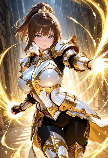masterpiece,best quality,amazing quality, very aesthetic, ((outlined outlined vector graphics)), cute face, (glow eyes:0.5) ,  from front,  looking at viewer ,detailed background,
1girl,
20yo, brown hair, gray eyes, (large breast:1.1), (ponytail:1.1), medium hair,(curvy:1.1),bangs,
,solo,cute face,
smile, prated lips  ,  white armor, golden-mythril-armor ,  , glowing, glittering , fantasy, glimmering , pants , action pose, clothed <lora:golden-mythril-armor-il-01:0.8>