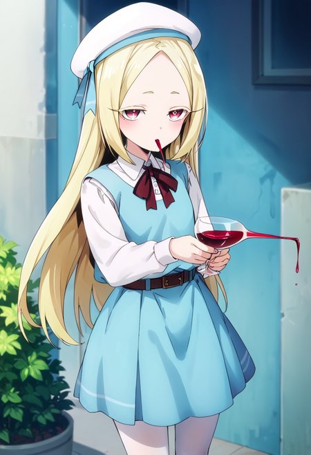 score_9, score_8_up, score_7_up, score_6_up, korisu, long_hair, blonde_hair, neck_ribbon, beret, collared_shirt, white_shirt, blue_vest, white_pantyhose, belt, pink_eyes, drinking, holding wine bottle, drinking wine. p0uring dr1nks