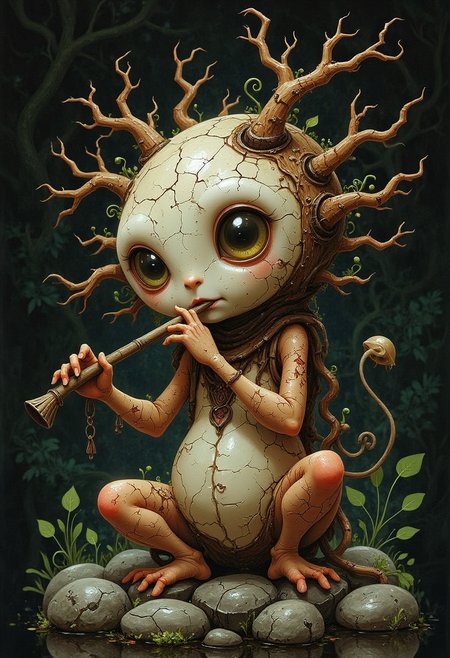 CreeepyCuteMagic A shy toadstool creature with oversized eyes, tiny hands, and a cracked porcelain mask growing from its face like bark from a tree; it sits in a circle of enchanted stones playing a flute that causes the plants to sway in sync; rendered in painterly detail like an Edward Gorey illustration colored by Hayao Miyazaki, a moody fairytale still life.