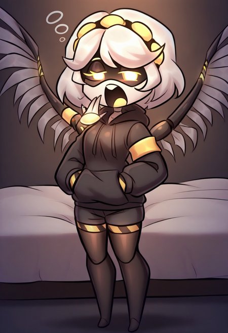 (masterpiece, high quality, highly detailed, best quality), SD-V, 1girl, solo, robot girl, humanoid robot, robot joints, hairband, short white hair, yellow eyes, solid circle pupils,fur-trimmed black jacket, armband, mechanical wings,
mature female, hoodie, oversized hoodie covering hips, hoodie too big, 4 sizes bigger hoodie, no bra under clothes, oversized hoodie, cute smile, (half closed eyes:1.2), (sleepy:1.1), tired, yawning, looking at viewer, modern bedroom background, at night, full body portrait, from front, Light, on bed, white shirt, shorts, feet, no shoes, chibi