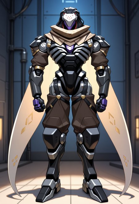masterpiece,best quality,amazing quality, 1boy, solo, r4m4ttr4, robot boy, scarf, wing cape, brown pantslegs, black leg straps, o-ring top, full body,