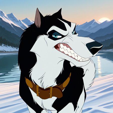uncensored, masterpiece, best quality, highly detailed, realistic, 1boy, solo, SteeleBT, furry, feral, canine, dog, husky, blue eyes, back pupils, black nose, black body, black fur, white body, white fur, two tone body, two tone fur, brown dog collar, three-quarter portrait, feet out of frame, smile, closed mouth, looking at viewer, snow, lake, outdoor, mountains, detailed background, face focus, sharp teeth, angry, all fours, medium tail, narrowed eyes, dutch angle