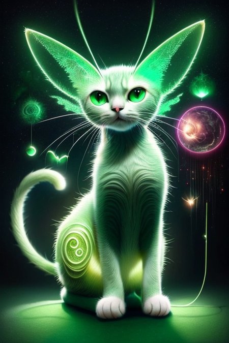 masterpiece, awesome quality, hyper detailed, DonM3lv3s, fever dream, cat, glorp, green alien cat,  <lora:DonM3lv3s-000008:0.8>