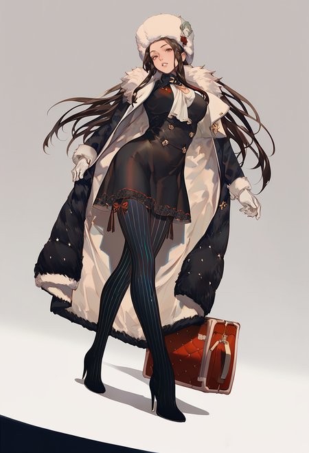 score_9, score_8_up, score_7_up, score_6_up <lora:reiXL_AutC_lokr_V43P1:0.95>  1girl, solo, high heels, pantyhose, long hair, fur trim, gloves, boots, hat, white background, dress, white gloves, fur hat, simple background, striped clothes, coat, full body, black dress, breasts, black footwear, vertical-striped clothes, high heel boots, looking at viewer, suitcase, black hair, brown hair, black pantyhose, standing, knee boots, parted lips, thighhighs, striped pantyhose, vertical-striped pantyhose, medium breasts, ushanka