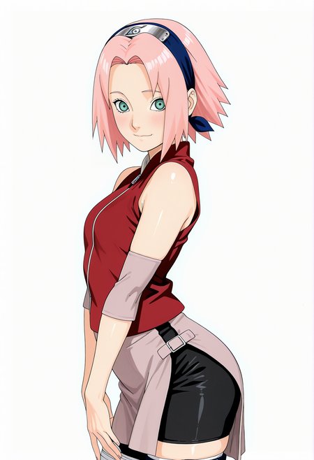 amazing quality,very aesthetic,absurdres,best quality,newest,masterpiece,4k resolution, absurdres, highres, detailed background, 
 1girl, haruno sakura, pink hair, green eyes, red shirts, black shorts, pink skirt,  <lora:Haruno_Sakura_il2:1> simple background, white background,