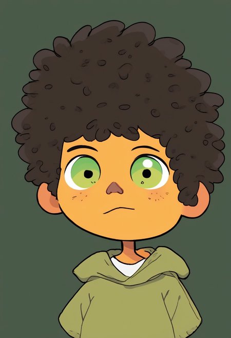 max (camp camp), 1boy, solo, human, male focus, curly black hair, curly tousled black hair, afro, dark skin, dark-skinned male,  large eyes, round eyes, green eyes,small nose, triangular nose, pointed nose,, ng_deepnegative_v1_75t, By bad artist , bad_pictures, fcNeg, chibi, max (camp camp)