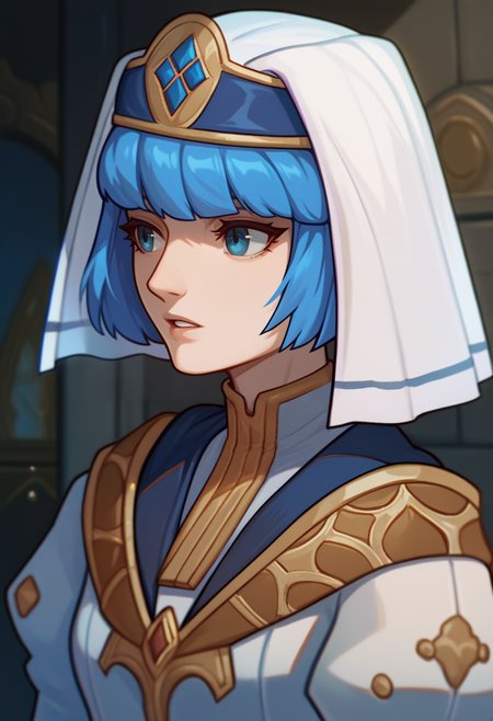 score_9, score_8_up, score_7_up, source_anime BREAK 1girl, solo, <lora:silque-fe-richy-v1_pdxl:1> silquedef, blue hair, short hair, blue eyes, veil, dress, parted lips