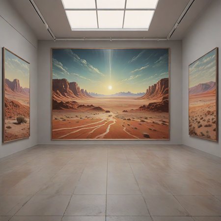 landscape of a Saline Desert from inside of a Art gallery, Noble, Ultra Real, Glow In The Dark, Rembrandt lighting, Silver and copper hue ,8k, masterpiece, best quality, hyperrealistic, superrealistic, photorealistic, ultra sharp, 16 bit colors, highres,