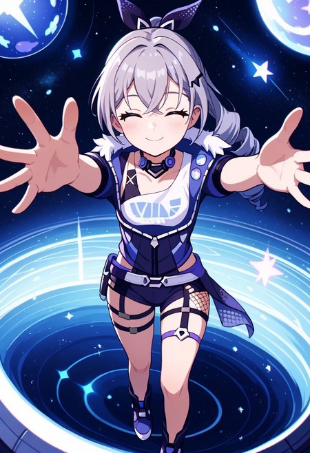 score_9, score_8_up, score_7_up, masterpiece, best quality, absurdres, vibrant, highly detailed, super cute and adorable, fluffy, from above, three-quarter front view, 
BREAK 
1girl, solo, silver wolf \(honkai: star rail\), drill hair, grey eyes, grey hair, light blush, long hair, reaching towards viewer, happy, closed eyes, looking at viewer, closed mouth, :3,
BREAK 
indoors, space base, outer space,