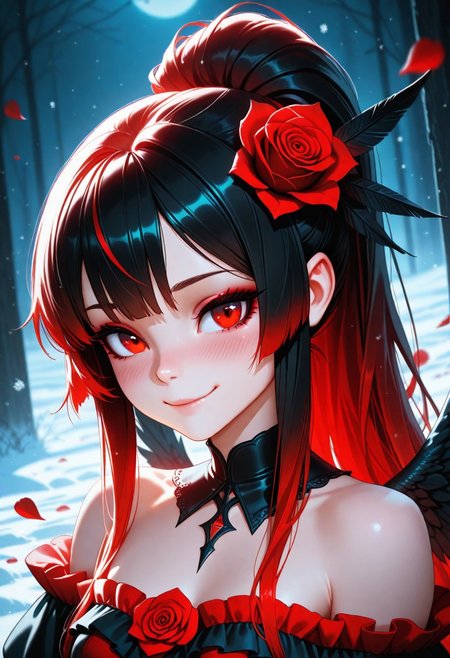 masterpiece, best quality, amazing quality, volumetric lighting, high contrast, (by_neoartcore:0.1),  vibrant colour, BREAK, 1girl, 25 years old, cute, petite, 
red eyes,
three quarter view, detailed face, portrait, face focus, depth of field, looking at viewer, blush, shy smile,
long hair, multicolored hair, two-tone hair, black hair, red hair, ponytail, sidelocks, hair ornament, hair flower, red rose,
vampire, eyeshadow, detached collar,
black wings, feather wings, 
multicolored dress, black dress, red dress, layered dress, frilled dress, frills, bare shoulders, 
snow, night, fog, red roses, rose petals,