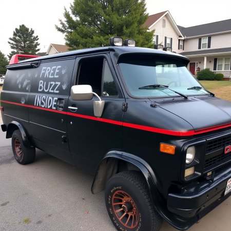 A Run-down and dented black GMC Vandura with a signature red stripe. On the side of the van,  the words “FREE BUZZ INSIDE” spray-painted in white on the side of the van, along with what appears to be smeared handprints and streaks, giving it a disturbing and ominous appearance. The setting is a suburban neighborhood, with two-story houses in the background.