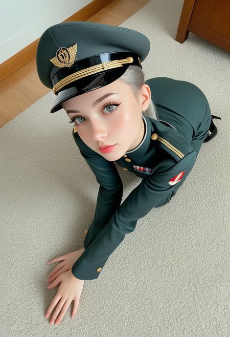 (score_9, score_8_up, score_7_up, score_6_up, highest score, best quality:1.2), zPDXL3, NEGATIVE_HANDS, detail1eye, hi-res. 8k,1boy, 22 year old, femboy, trap, cute petite femboy stay on ground full body, (dynamic angle, from side:1.4), full body shot, (face focus:1.2), pretty grey eyes, long grey hair, ponytail, eyelashes, pink glossy  lipstick, flat breasts, dark green gr3n@di3r, grenadier, hat, uniform, military uniform, looking at viewer, (22yo, slim body:1.2), gorgeous femboy, ponytail, cute face, petite body, slender, Grenadier, indoors