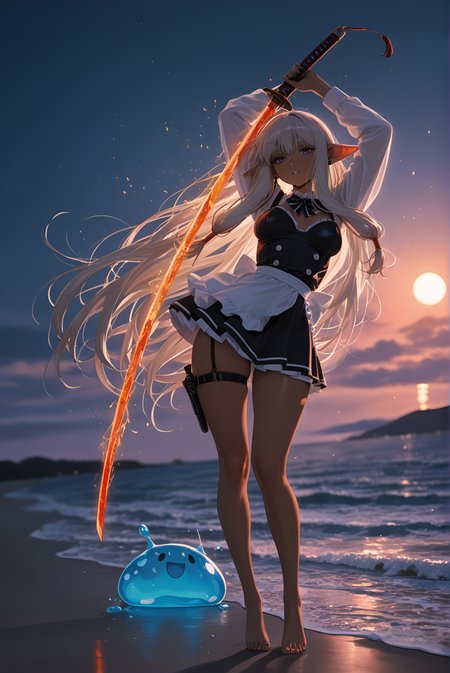 ultra-detailed, Medium long shot, drawing a gleaming katana from its sheath, 2boys, Scientist's laboratory, barefoot, long_nails, Balayage hair, very long hair, best quality, nail_polish, Watercolor Palette Theme, 8K, Sky Pirate, night, vhs tape aesthetic, ambient occlusion, Rapunzel-length, slime, golden_haze, blurry background, Serie (Frieren), lazy_shadows, garter_straps, sun_drenched_curves, absolutely eye-catching, depth of field, wolf_ears, motion_blur:1.1, short_skirt, slime_(creature), amazing quality, beach_perspective, newest, masterpiece, very aesthetic, perky breasts, maid_uniform_(sexy_version), low_cut, absurdres, summer_warmth, vibrant_details, HDR, Film Grain, anime character, 1girl, dark skin, arms up seductively, motion_lines:1.1