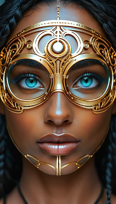 Close-up gorgeous girl face , dark skin, sexy, cute, bangs, freckles, striking turquoise large eyes, aligned eyes, mirror eyes, (half smile),
BREAK,
(wearing transparent sci-fi Venetian Mask with intricate very detailed gold filigree), (thin detailed gold filigree), curly black hair, braid,
long lashes, trendy portrait, sci-fi style, sci-fi mechanisms, 
tender Aesthetic nose, ears, puffy lips, sensual lips, detailed texture, detailed eyes, detailed skin, clean skin,
<lora:Someplastic:1>, (ultra sharp focus:1.8), (detailed skin:1.8), (thin lines:1.8), (best quality:1.8),
<lora:Apparatus_-_Traction_City_Walkers_Vehicles:0.7>,
<lora:add-detail-xl:2> (ultra sharp focus:1.8), (detailed skin:1.8), (thin lines:1.8), (best quality:1.8),
<lora:glowneon_xl_v1:0.8>