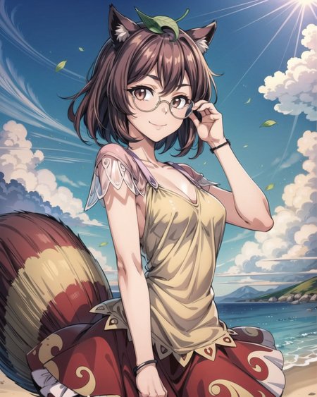 <lora:touhou_futatsuiwa-10:1.0>, cowboy_shot, solo, 1girl, futatsuiwa, smile, closed mouth, looking at viewer, leaf on head, glasses, skirt, raccoon tail, masterpiece, best quality, <lora:add_detail:1>