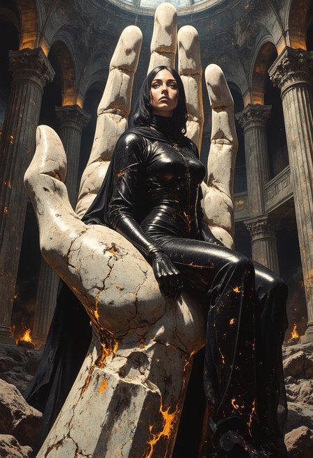 Character seated in the palm of a massive, ancient stone hand, as if cradled in its grasp. The stone fingers curve upward, partially enclosing the character like a protective cage, their surfaces cracked and weathered with centuries of erosion. Intricate carvings of celestial symbols and faintly glowing runes trail along the hand's surface, pulsing with a dim, ethereal light. The hand emerges from the ground as though it were part of a forgotten colossus buried beneath the chamber.
The character leans against one of the stone fingers, a sly and confident smirk on their face, with one arm resting on their knee. They wear sleek, obsidian-black armor with streaks of molten gold glowing like veins, contrasting with a flowing cape of dark fabric that cascades down the hand's palm. The scene is set in a cavernous indoor hall with towering stone pillars, dimly lit by suspended braziers casting flickering shadows. The perspective is dynamic, angled slightly upward to emphasize the enormity of the stone hand while focusing on the character's poised yet relaxed demeanor, with their piercing gaze fixed directly at the viewer.