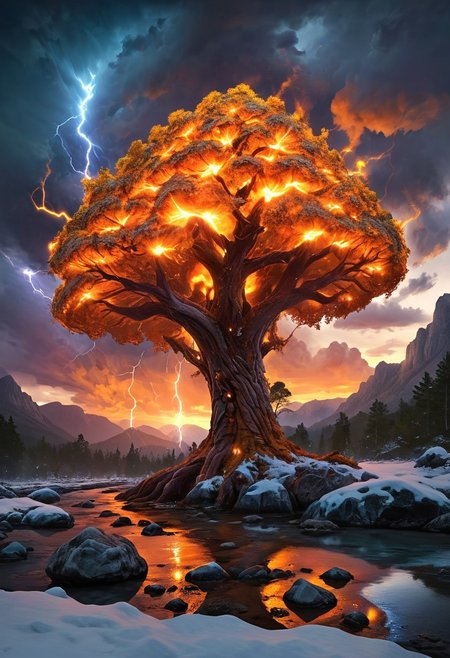 (by Ellen Jewett:1.5), (Fiery orange Bioluminescent Impressionism with lightning, mountain landscape, The Dreamland, Gibson Great  Mountains, rock, sky, giant tree, great grand tree on mountains, great fire, great lightning, scenery, great great magical tree, sunset, sunrise , stream, lightining, snow and ice, ethereal landscapes, depth of field, biotech emotion:1.3) <lora:xl_more_art-full_v1:0.5> <lora:add-detail-xl:1> , ral-wlfnte <lora:RMSDXL_Creative:2>