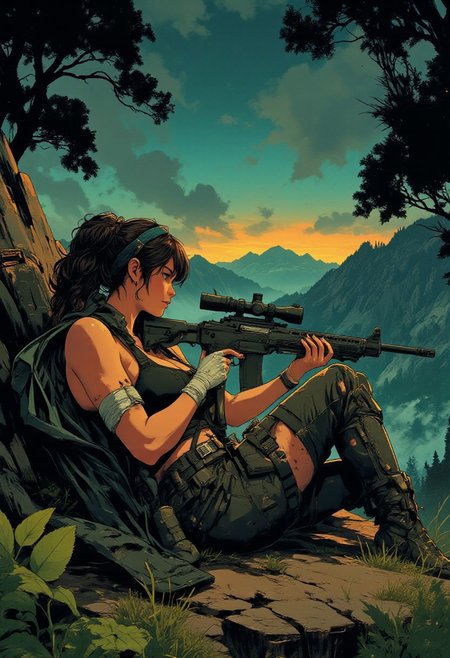 In the style of ff-td, nistyle, Silhouette Art, magnificent, crisp lines, closeup portrait of stunning mercenary, jungle, tropical, mountain top, overlooking a huge valley, beautiful girl, breasts, curvy, looking down scope, looking away from viewer, laying on the ground, laying ontop of jacket, aiming a sniper rifle, dark braided hair, backwards hat, armor, sleeveless, cutoff tanktop, holes ripped in pants, arm sleeve tattoos, muscle tone, dogtags, sweaty, foreshortening, depth of field, at night, night, tropical,
Closeup, detailed face, freckles, smirk, bandaged arm,