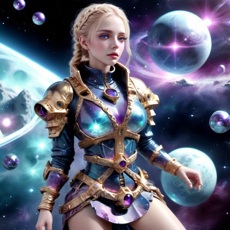 ((best quality)), ((masterpiece)), ((realistic,digital art)), (hyper detailed),DonMC3l3st14l3xpl0r3rsXL  female Space battle tactician, , Aging gracefully, Balanced, Berber, Chestnut eyes,   V-Shaped Chin, Protruding Jaw, Uneven Cheeks, Angular Forehead, Long face shape,   , Golden Blonde Box braids hair, Anticipation, Holding futuristic weaponry with a bold stance.,  wearing Herringbone  SteelBlue Plasma-lace Ruffled Skirt,  Virtual Reality Cardigan, , ,  andMicrochip Keychain  and, Striking a pose while navigating through galactic adventures., tech, scifi, futuristic , 8K, HDR,  <lora:DonMC3l3st14l3xpl0r3rsXL-000007:1>