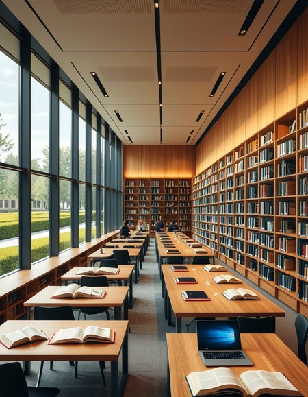 A high-resolution, ultra-realistic photograph of a modern college library interior. The scene showcases a spacious, open-plan design with large floor-to-ceiling windows allowing natural daylight to flood the space. The architectural style is contemporary, featuring minimalist furniture with clean lines: sleek wooden tables, ergonomic chairs in neutral tones (gray and beige), and built-in bookshelves made of light oak wood.
In the foreground, a group of diverse students (varied ethnicities and genders) are quietly studying, some using laptops, others reading books, with focused, calm expressions. One student is sipping coffee from a reusable cup.
The background displays rows of neatly organized books, indoor plants adding a touch of greenery, and modern pendant lights hanging from the ceiling, providing warm, ambient lighting. The floor is covered with soft gray carpet, and large abstract paintings decorate the walls, contributing to a cozy and intellectual atmosphere.
The overall mood is peaceful, studious, and inspiring, with balanced natural and artificial lighting, crisp details, and realistic textures, captured as if by a professional architectural photographer using a full-frame camera.
 <lora:SDXLFaeTastic2400:0.4> <lora:extremely_detailed:0.4> extremely detailed,<lora:modern_c0ll3g3_l1br4ry:1>,modern c0ll3g3 l1br4ry, Masterpiece,best quality,hi res,8k,hi res,8k,award winning,(sharp focus, intricate, highly detailed),