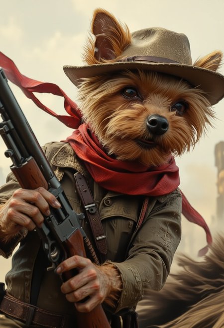 This is a digital artwork in the style of ckgr Anthropomorphic yorkshire terrier allab in a high-speed horse chase, wearing a red scarf, a dust-covered cowboy hat, and gripping a shotgun. Dust kicks up behind it. Highly detailed, realistic textures, western theme, cowboy, gunslinger, action shot.
 <lora:ral-anthropomorphic-flux:1>