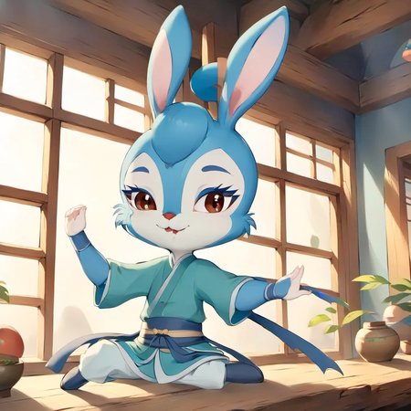 ,A rabbit girl,
Wushu style,
Blue hair,
Traditional Chinese clothing,
Anthropomorphic animal,