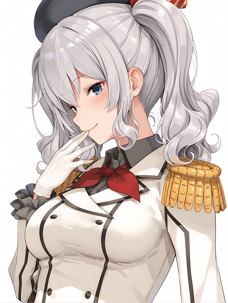 masterpiece,best quality,newest,1girl,solo,
<lora:kashima_ilxl_v1.2:1>,kashima,k_hat,black beret,k_clothes,epaulettes,white jacket,long_sleeves,
<lora:Fixhands_anime_bdsqlsz_V1:1>,looking_at_viewer,upper_body,face_focus,dynamic_angle,cinematic_angle,smile,light_blush,white_background,simple_background,hand to own mouth,profile,