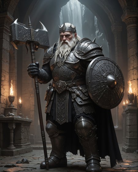 The image portrays a commanding and regal warrior in a richly detailed fantasy setting. The figure stands tall and imposing, exuding authority and strength. His long, snow-white beard is neatly braided, with strands interwoven into intricate plaits, showcasing both his wisdom and cultural heritage. The braiding adds an air of discipline and tradition, emphasizing his distinguished persona. His hair, matching the beard in color, is tied back loosely, cascading slightly behind his head and shoulders.  The character wears an ornate grey crown signifying his high status, possibly as a king or noble warrior. His facial expression is intense and resolute, with piercing eyes that convey both wisdom and determination. His chiseled features and furrowed brows suggest a life of experience, battles, and leadership.  The armor he dons is an extraordinary masterpiece of craftsmanship. Made of intricately engraved grey geometric steel, it is layered with square motifs and patterns an runes, blending utility with aesthetic grandeur. The chest piece is robust and adorned with ornate designs that interlock, accentuating his royal and battle-hardened demeanor. His shoulders are protected by massive pauldrons that match the rest of the armor in detail, and they extend outward with ridged edges, emphasizing his imposing stature.  Around his waist, a wide leather belt with a large, intricately designed buckle secures the armor, while several small pouches and decorative elements hang from it, suggesting readiness for both combat and leadership.  The warrior grips a massive, massive double-headed battle hammer like Thors hammer in his right hand, the weapon clearly a symbol of his strength and authority. The hammers  The head of the weapon is ornately decorated, featuring . The handle is long, sturdy, and metal , ending in a pommel that matches the ornate aesthetic of his overall ensemble.  He also holds ((Very Large big huge)) ((((rectangular)))) angular shield, like a Roman Scutum, it has a boss, a bulge on the front made out of iron or bronze.  The setting further emphasizes the grandeur and mystique of the character. He stands in what appears to be an ancient, stone-built throne room or ceremonial hall. The backdrop features arched doorways and decorative pillars, with warm torchlight casting flickering shadows across the stone walls. The torches are mounted in iron sconces, their flames adding a golden glow to the scene.   a cave and waterfall behind the figure in the background lend a sense of otherworldly majesty and mystery to the environment.  Overall, the image depicts a legendary warrior-king, whose braided white beard, majestic armor, and commanding presence evoke both reverence and awe. This is a figure who symbolizes power, wisdom, and an indomitable spirit, standing at the nexus of history, myth, and destiny.  This image depicts a formidable medieval dwarf warrior clad in heavy, intricate plate armor with a distinctly dark and imposing aesthetic. The artwork appears to be a detailed illustration rendered in monochromatic tones, primarily using blacks, grays, and subtle metallic highlights. The warrior's most striking feature is their helmet, which features a distinctive design reminiscent of early medieval great helms but with added complexity. The helmet has a T-shaped visor with angular, aggressive lines and additional protective plates that give it a menacing appearance. Various geometric patterns and reinforced ridges are incorporated into the helmet's design, suggesting both decorative and functional purposes. The armor itself is a masterwork of layered plates and interlocking segments. The chest piece consists of multiple overlapping plates with geometric patterns and angular designs that echo throughout the entire suit. The shoulders are protected by large pauldrons with sharp, aggressive angles and decorative ridging that matches the overall aesthetic of the armor. The arm protection includes detailed vambraces and couters (elbow protection) that maintain the same geometric motif. Below the waist, the warrior wears a coat of scale mail that resembles a skirt or tasset. This piece is particularly detailed, showing individual scales arranged in overlapping rows, creating a flexible but highly protective layer. The legs are protected by greaves that continue the angular, geometric design language of the upper armor. The warrior's stance is powerful and grounded, suggesting both strength and stability. They are wielding a distinctive weapon that appears to be a war hammer or pole weapon with spikes on both ends. The weapon's design matches the armor's aesthetic, featuring geometric shapes and angular construction. The warrior holds this weapon with both hands in a ready position, suggesting combat preparedness. The entire ensemble is colored in various shades of black and dark gray, with lighter highlights that emphasize the metallic nature of the armor and create depth in the illustration. The shading and detail work is particularly notable in how it brings out the various textures of the different armor components – from the smooth, polished surfaces of the plate armor to the rougher, more textured appearance of the scale mail. The overall design suggests a fusion of historical medieval armor with a fantasy or dark fantasy aesthetic. While the basic components of the armor (helmet, breastplate, pauldrons, etc.) are grounded in historical armor designs, the specific styling and exaggerated elements push it into a more fantastical realm. The aggressive angles, elaborate geometric patterns, and imposing silhouette create an intimidating presence that would be at home in a dark fantasy setting or video game. The illustration style itself is highly detailed and technical, almost like a character concept art piece, with careful attention paid to how each piece of armor would theoretically connect and function. The linework is precise and clean, while the shading adds depth and dimensionality to the figure. Despite the complexity of the armor, the composition remains clear and readable, with a strong sense of the overall silhouette and character design.
