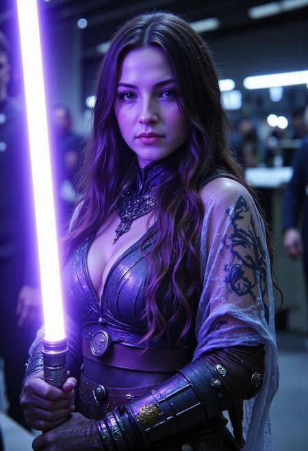 realistic, PHOTOREALISTIC, ((perfect anatomy)), (futuristic warrior holding purple lightsaber:1.3),  25 years old, perfect quality, high quality,(sci-fi, star wars, jedi knight, empress, married), high quality, magnificent, Sharp focus, best quality, a stunning portrait of Jaina solo, big brown eyes, dark brown hair, long straight intricate hair, athletic female, ((fitness models, muscle detail, detailed muscle)), long athletic muscular legs, athletic round muscular butt, athletic hips, perfect breasts, perfect body, epic, long hair, intricate hairstyle, cute, soft skin, soft skin, textured skin ,shining glossy skin, soft abs, athletic waist, (slender body), sci-fi, futuristic, (intricate transparent flowing sheer jedi robes showing sexy body underneath:1.2, armor parts on body:1.2, marble armor:1.2, greave, boots), glowing Kintsugi tattoos on body:1.3, Expressiveh, (volumetric lighting:1.2), cinematic, cinematic lighting, reflections, ultra hd, visual effects, graphic effects, ambient occlusion, raytracing, soft lighting, realistic, blum effect, masterpiece, absolutely eye-catching, particles, glow, shining, (intricate cinematic background, on space station, outer space in background, Jaina is dueling an unseen sith lord swinging her lightsaber at them, using the force, god rays), (beautiful face), Perfect hand, Detailed hand, 5 fingers on each hand, R3alisticF, aidmamj6.1, in motion, eerie atmosphere