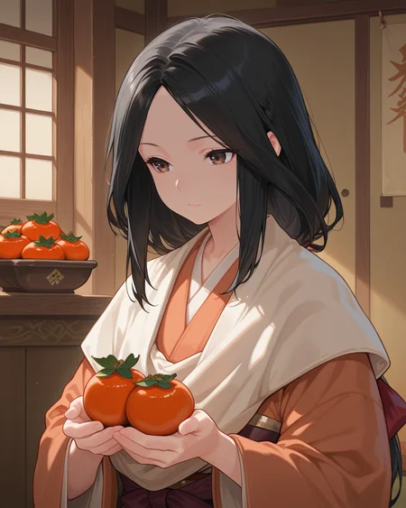 masterpiece, best quality,1girl,  indoors, 1girl, upper body, persimmon, black hair, divinechild, japanese clothes, divinechild,  <lora:divinechild:0.8>