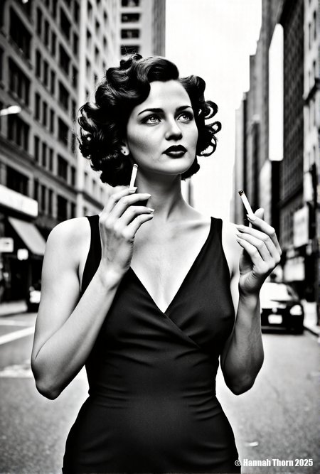 A realistic black and white portrait of a beautiful woman with dark, curly hair, standing in a bustling city street with tall buildings on either side, looking up and slightly to the right, holding a cigarette in her hand, wearing a dark v-neck dress, captured with a shallow depth of field, creating a dreamy and nostalgic atmosphere, reminiscent of classic fashion photography, the lighting is soft and diffused, emphasizing the woman's features and creating a sense of timeless elegance, shot with a medium format camera and a fast lens, such as an 85mm at f/2.8, to achieve a smooth bokeh effect in the background, the buildings are slightly blurred, adding to the overall sense of depth and focus on the subject, the composition is carefully balanced, with the woman positioned slightly off-center to create visual interest, the overall tone is sophisticated and glamorous, evoking a sense of old Hollywood charm, a sense of nostalgia and timeless beauty., <lora:_Flux\_Photographer\Helmut_Newton-000001.safetensors:0.8300000000000002:0.8300000000000002> <lora:_Flux\_Skin_Appearance\detailifier_flux-000006.safetensors:0.8300000000000002:0.8300000000000002> <lora:_Flux\_Skin_Appearance\Old_Beauty.safetensors:0.7500000000000001:0.7500000000000001>, A striking black and white portrait of a woman, reminiscent of classic Hollywood glamour, with a film strip draped across her face, creating a surreal and artistic effect. The image is captured with a shallow depth of field, emphasizing the sharpness of her features and the film strip, while gently blurring the background. The lighting is soft and diffused, highlighting the contours of her face and adding a timeless quality to the photograph. The overall style evokes the elegance of vintage photography, with a modern twist that challenges conventional portraiture. Shot with a Hasselblad camera and an 80mm lens, f/2.8, ISO 100., <lora:_Flux\_Photographer\Helmut_Newton-000001.safetensors:0.8300000000000002:0.8300000000000002> <lora:_Flux\_Skin_Appearance\detailifier_flux-000006.safetensors:0.8300000000000002:0.8300000000000002> <lora:_Flux\_Skin_Appearance\Old_Beauty.safetensors:0.7500000000000001:0.7500000000000001><lora:_Flux\_Photographer\Helmut_Newton-000001.safetensors:0.8300000000000002:0.8300000000000002> <lora:_Flux\_Skin_Appearance\detailifier_flux-000006.safetensors:0.8300000000000002:0.8300000000000002> <lora:_Flux\_Skin_Appearance\Old_Beauty.safetensors:0.7500000000000001:0.7500000000000001>