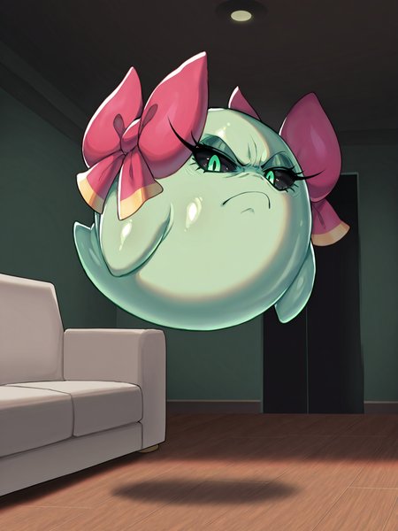 (anger, frown, floating, no humans, full body, solo,), <lora:Boo:0.9>, lady bow, green skin, shiny skin, green eyes, black sclera, long eyelashes,  looking at viewer, living room,
masterpiece, best quality, good quality, newest, very awa, absurdres, highres,  feral,