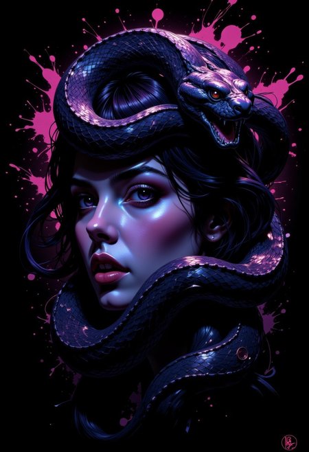 DGC style digital illustration, Magic style,
Close-up. The image is a digital art piece that features a close-up of a woman's face with a snake coiled around her head. The snake's body is intricately detailed with scales and its head is facing towards the right side of the image. The woman's eyes are a deep purple color and her lips are a lighter shade of purple. 
The background is black with splashes of pink and purple, giving the image a futuristic and edgy feel.
The snake's head is covered in a pattern of small circles and lines, creating a sense of depth and dimension. The overall effect is one of power and strength. The image has a dark and mysterious feel to it.