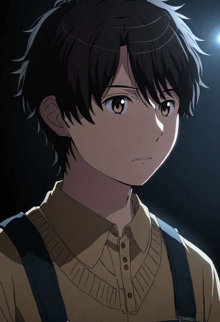 high resolution, solo, best quality, 1Boy, Inaho Kaizuka, Black Hair, Brown Eyes, cool, Mysterious black background, Movie lighting, a sense of atmosphere, OverallDetail