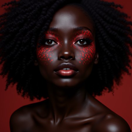 A portrait of a woman with deep black skin is beautifully adorned with a subtle red pattern that gently weaves across her face, enhancing her striking features and creating a captivating contrast that draws the eye.<lora:MyLoras\Cuteism\Flux_CuteismV1a.safetensors:1.0:1.0> <lora:MyLoras\FantasmV1\Flux_Fantasm.safetensors:0.5:0.5>