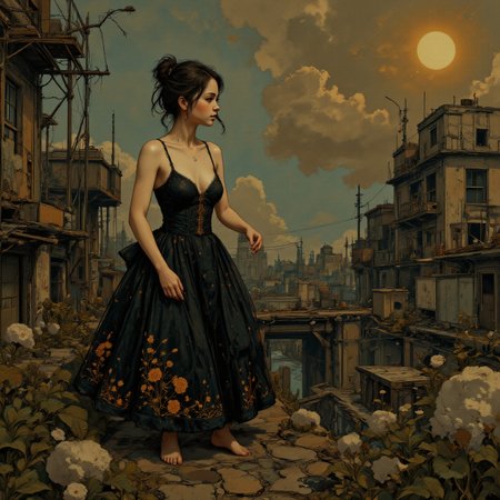 Art Nouveau painting. Ground level wide angle view. Georgian theme. Full body. Old Argentine wrinkled apocalyptic ballerina, tutu at prayer in a mechanistic river delta setting. Intricate black and copper and brass feathered details. Overall, the scene is wartorn and is very detailed. Dramatic lighting illuminates the scene from the rear. <lora:Charcoal01d_CE_FLUX_AIT:0.6> <lora:Paper_Marbling_Flux:0.5> <lora:아름답고_우아한_r1:0.75>
