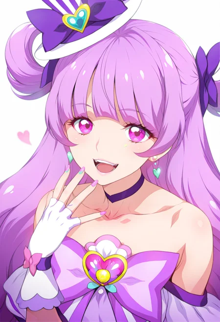 masterpiece, best quality,  <lora:Joy_Ride:1> J01R1d3, 1girl, solo, heart, hat, bow, collarbone, long hair, smile, earrings, open mouth, gloves, choker, purple hair, looking at viewer, :d, white background, nail polish, hair bow, jewelry, simple background, bare shoulders, bangs, teeth, magical girl