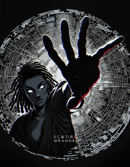 concept art score_9, score_8_up, score_7_up, 80s-anime-ai, from above, 1girl, blind eyes, white eyes, reaching, futuristic shaman, looking at viewer, ritual robe, cleavage, dreadlocks,   <lora:Xenotrip_v.2:0.7> xenotr1p, colored, red theme, black theme, grunge background, spotlight,  <lora:43stl1ght1ngXLP2:0.7> 43stl1ght1ng, low light, dramatic lighting, darkness, (scanlines, chromatic aberration, grain, film grain:1.4) volumetric fog, light rays, godrays,  <lora:Pony_DetailV1.0:1> . digital artwork, illustrative, painterly, matte painting, highly detailed
