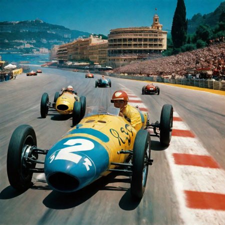 Monaco 1940s,Grand Prix,racing cars, one in front, cars behind blurred, all cars kept within frame ofpicture,racetrackoutdoors,sky,day,
cloud,tree,blue sky,_p_style, all with drivers, racing drivers, drivers heads all facing forwards, all wearing helmets,red car, blue car, yellow car<lora:VintagePPXL:1>, (masterpiece, best quality, ultra-detailed, best shadow), high contrast, (best illumination), ((cinematic light)), colorful, hyper detail, dramatic light, intricate details, ultra detailed artistic photography, dreamy, backlit, shadows, ultra high definition, 8k, ultra sharp focus, ultra high quality, soft lighting, film photography, analogue photography, hyperrealism,