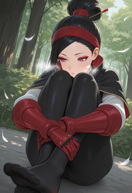 hoodILL,  outdoors, undershirt, falling feathers, black bodysuit, hair stick, hugging own legs, , gauntlets,   eyeshadow,   red gloves,  high ponytail,  , black capelet, red hairband, pink eyes, 1girl, solo, feet, visible breath,   dynamic angle, foreshortening, smell, steam,