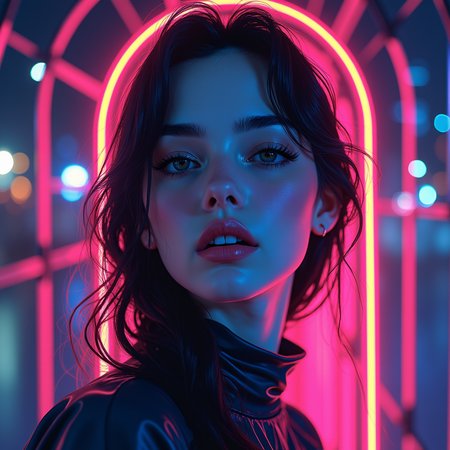 (portrait:1.4) (1girl) neon with abstract beauty, centered, looking at the camera, approaching perfection, psychedelic colors, dynamic, moonlight, highly detailed, digital painting, artstation, concept art, smooth, sharp focus, illustration, art by Carne Griffiths and Wadim Kashin, using Cinema Full HD, Gs studio, using Cinema HD 