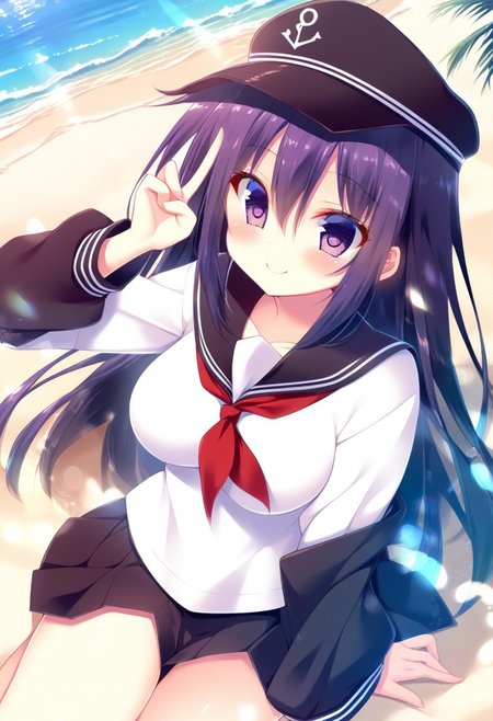 score_9,score_8_up,score_7_up,source_anime,anime, BREAK, 
mitsumomo style, 
(cute),1girl, akatsuki, (medium breasts), purple hair, long hair, hair between eyes, purple eyes, 
serafuku, flat cap, black sailor collar, black mini skirt, long sleeves, neckerchief, sailor collar, 
smile, cheerful, 
any pose, 
outdoors, shiny light, beach,