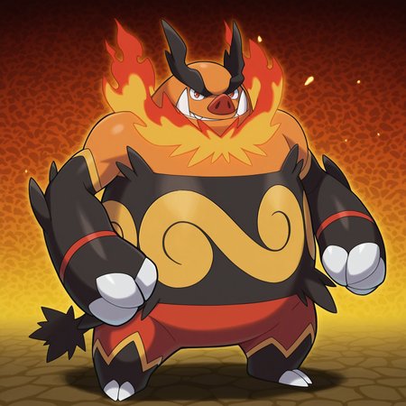 2d, solo, pokemon (creature), Emboar, orange fur, red pig nose, red eyes, large fangs, black eyebrows, big eyebrows, flames around neck, yellow pattern on belly, orange fur, red fur, black fur, multicolored fur, multicolored body, claws, tail, toe claws, red band on wrists,

BREAK standing, sharp teeth, grin, looking at viewer, full body, abstract background

BREAK best quality, amazing quality, very aesthetic, absurdres, newest, masterpiece 