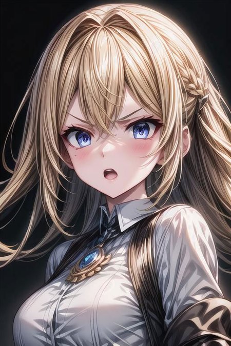 (masterpiece),
Luna,
1girl, blonde, floating hair,
white shirt,
 upper body shot, 
 HDR, highly detailed, 32k,
 black background, anger mood, 
perfect face feature,