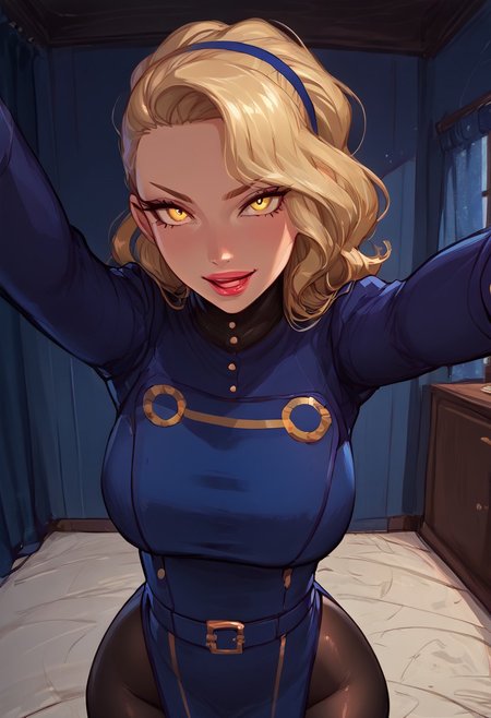 Expressiveh, masterpiece,best quality, highly detailed, score_9, score_8_up, score_7_up, score_6_up, source_cartoon,, BREAK, 1girl, margaretp4, blonde hair, long hair, yellow eyes, headband, dress, blue dress, long sleeves, black pantyhose, high heels, lipstick, huge breast, wide hips, thick thighs, petite body, slim figure, standing, facing viewer, smirk, seductive eyes, licking own lips, open mouth, 
BREAK,
Velvet room, blue walls, blue room, blue bed, heartbed, from front, detailed background, detailed eyes, prefect eyes, detailed face, kabedon, pov, arm up, reaching towards viewer