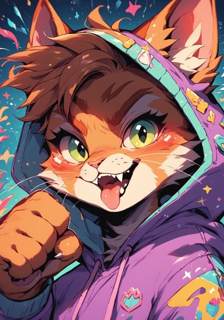 score_9, score_8_up, score_7_up, score_6_up, score_5_up, score_4_up, futuristic art, cat wearing a purple hoodie, (orange tabby cat), fur, furry, solo, fist up, fangs, tongue, (from below), abstract background, pathtracing, layered photon mapping, c0l0urc0r3, cute, bright colours