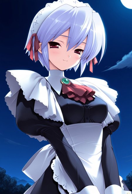 masterpiece, best quality, amazing quality, 2000s (style), 1girl, solo, koto_yuki, blue short hair,medium breasts,red eyes, y_maiddress,y_maidapron, lace trim, wrist cuffs, red ascot, green brooch, y_maidheaddress, looking at viewer, smile, blush, dramatic scene, night, portrait
