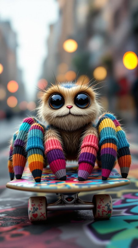 "Create a hyper-realistic image of an adorable, fuzzy spider wearing 8 cool socks on its 8 legs, sitting on a colorful, graffiti-covered skateboard in a trendy, urban environment. The spider should be rendered in exquisite detail, with a soft, fuzzy texture and a sweet, endearing expression. Each sock should be intricately designed, with unique colors. The socks should be accurately proportioned to the spider's legs, with a slight compression effect to convey a sense of wear. The skateboard should be covered in vibrant, street-art style graffiti, with a subtle wear and tear to convey a sense of use. The background should be a blurred, urban cityscape with a mix of buildings, streets, and streetlights. The image should be highly detailed, with realistic lighting and textures that make the scene feel lifelike. The spider's eyes should be large and expressive, with a hint of mischief and playfulness."